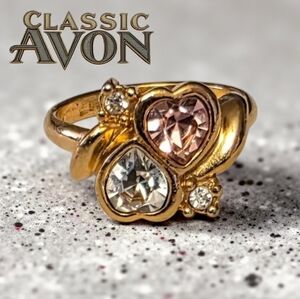Vintage Avon Double Heart Ring – Pale Pink & Clear Crystal – Size 7